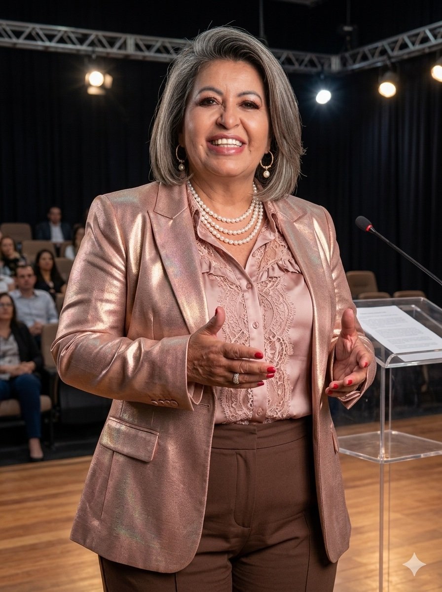 Reginah Araujo palestrando ao microfone