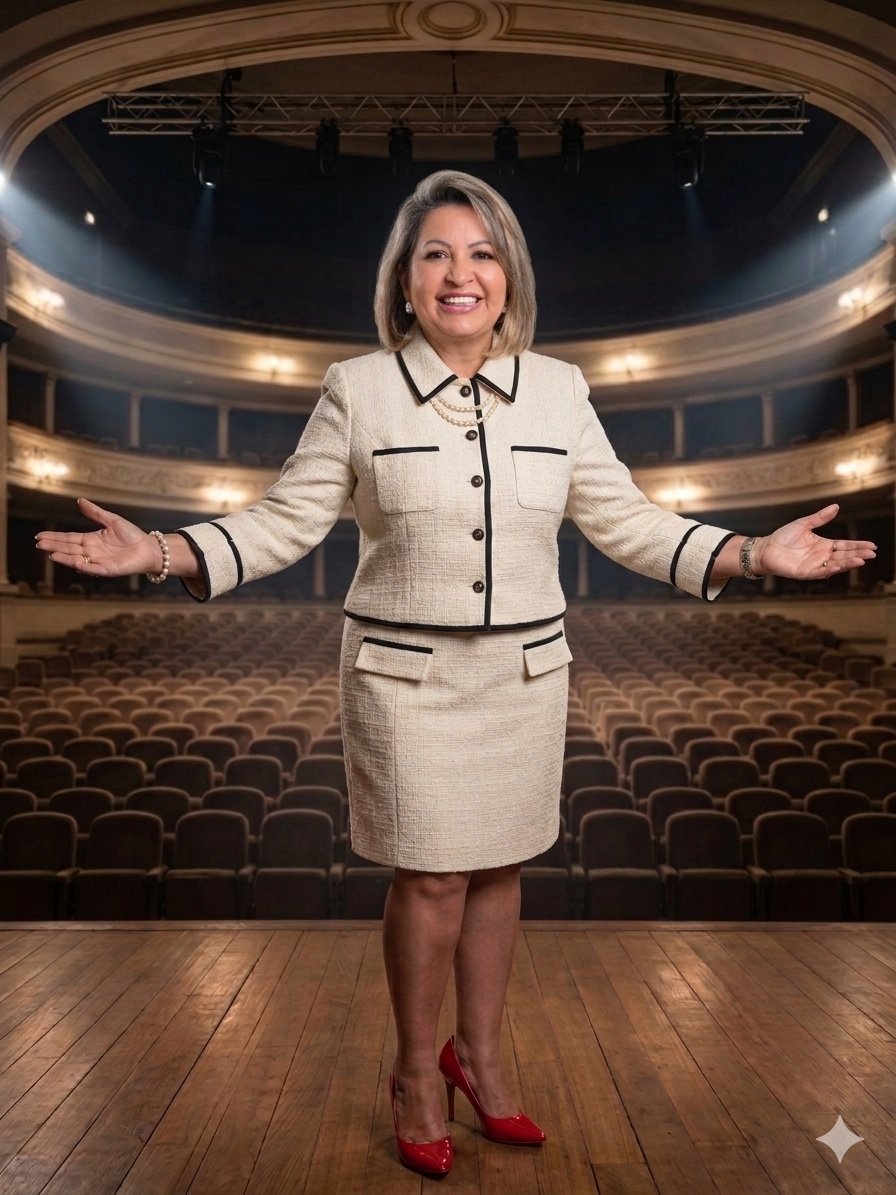 Reginah Araujo em teatro, de braços abertos